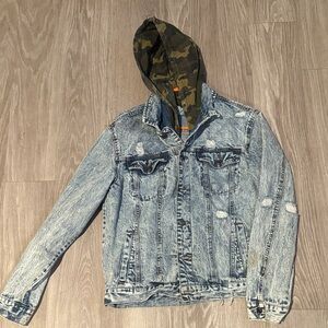 Forever 21 Blue Denim Jacket with Green Camouflage Hood